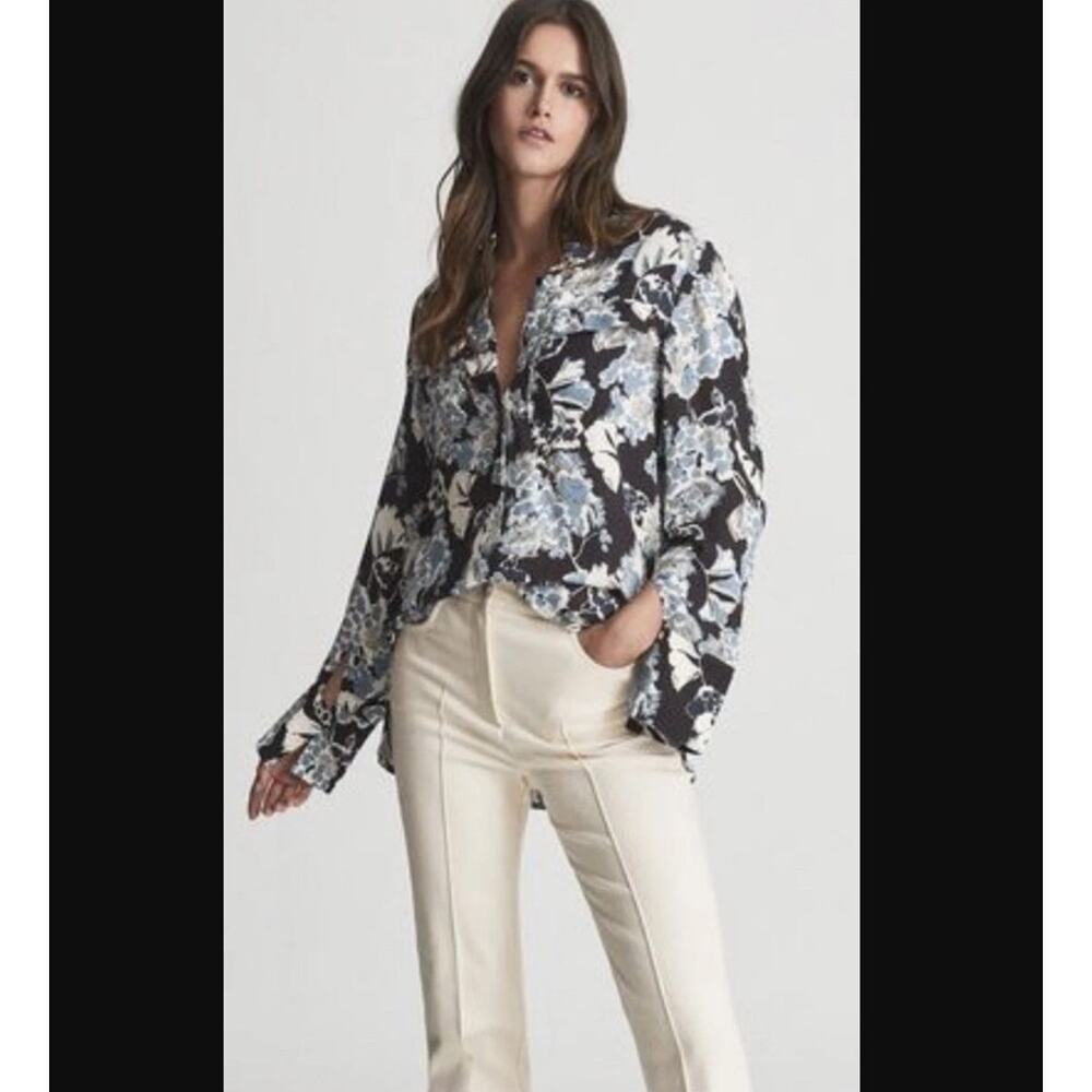 Reiss Size 0 Mika Black Blue Floral Print Collarless Button Front Top Blouse - Picture 2 of 7